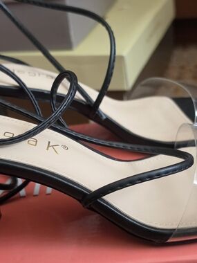 Allegra K Black Strappy Lace-Up Sandals with Clear Toe Strap